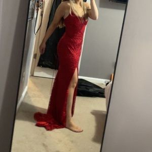 Red beaded prima vera prom dress